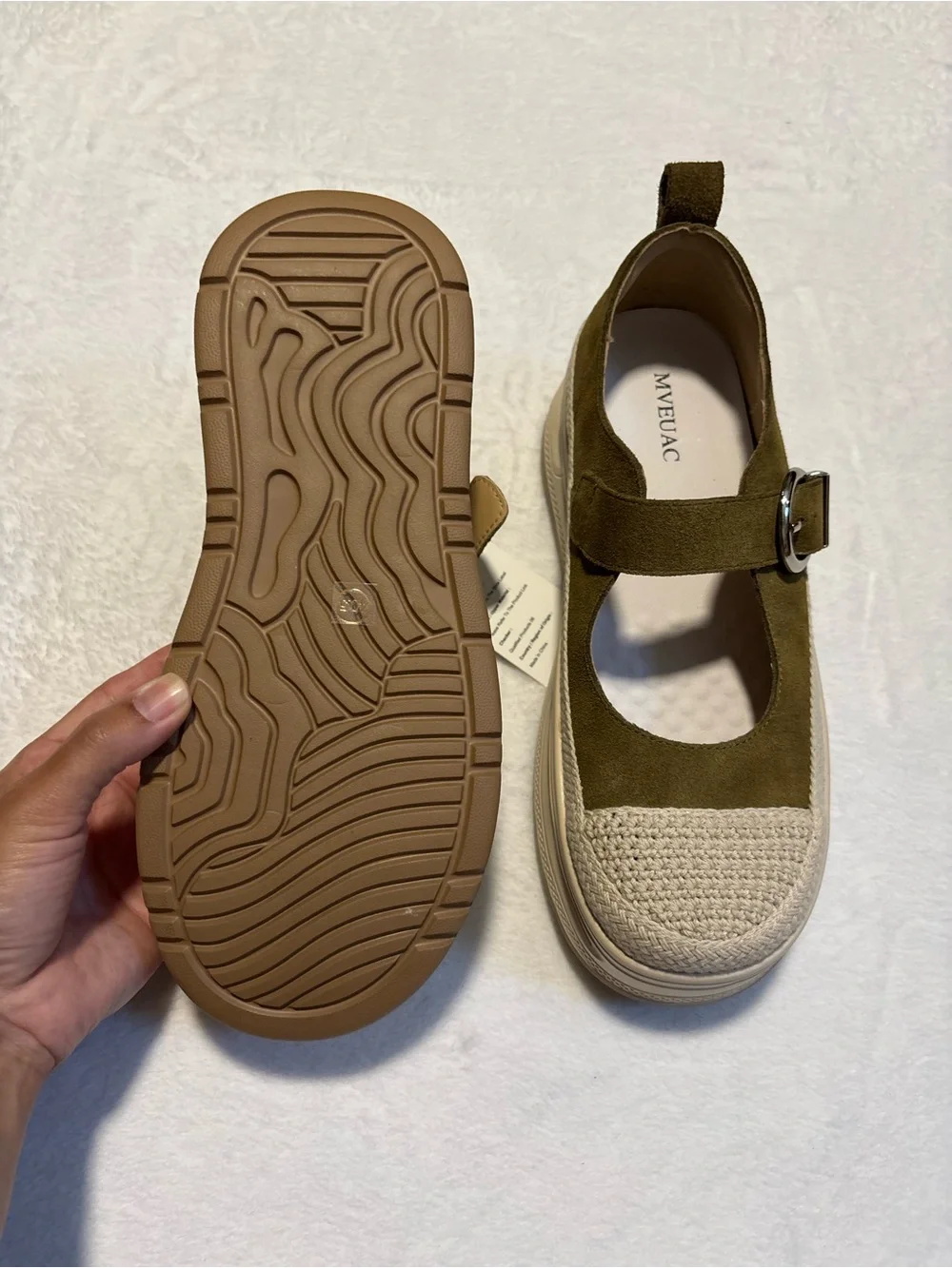SUEDE MARY JANES | Women’s Platform Shoes in Olive and Cream - Knit Toe w/Buckle